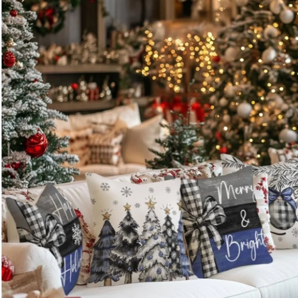 Festive Holiday Pillow Covers Set - Blue and Black